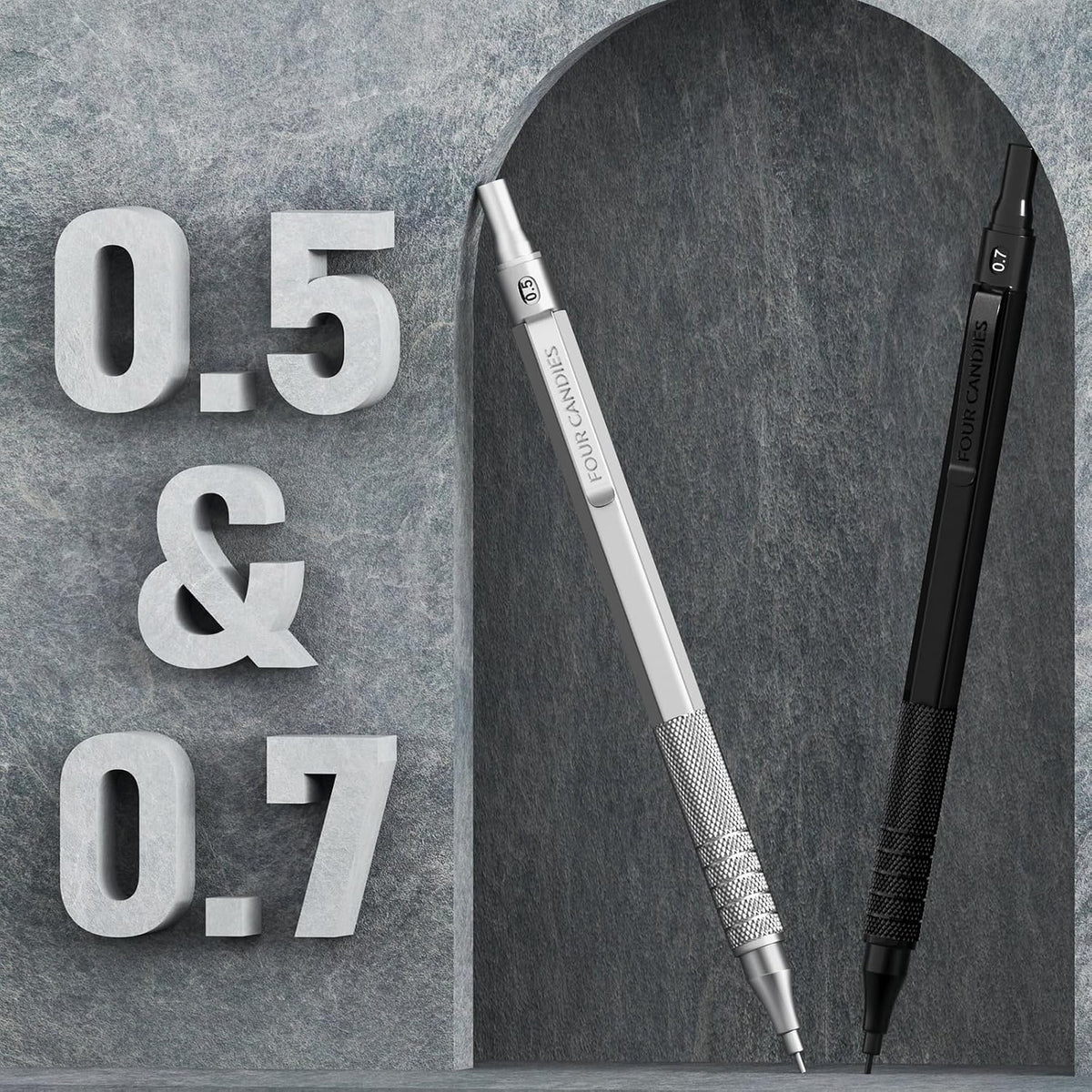 2PCS Metal Mechanical Pencil Set, 0.5mm+0.7mm, Storage Case, Black＆Silver