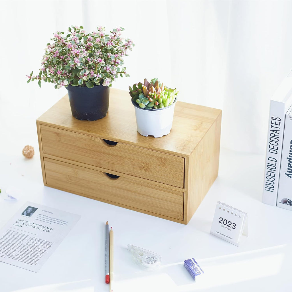 Charmewooden Bamboo Desk Organizer With Drawers Countertop Drawers Counter Storage Box Corner Desk Organizer for Home Office No Assembly Required