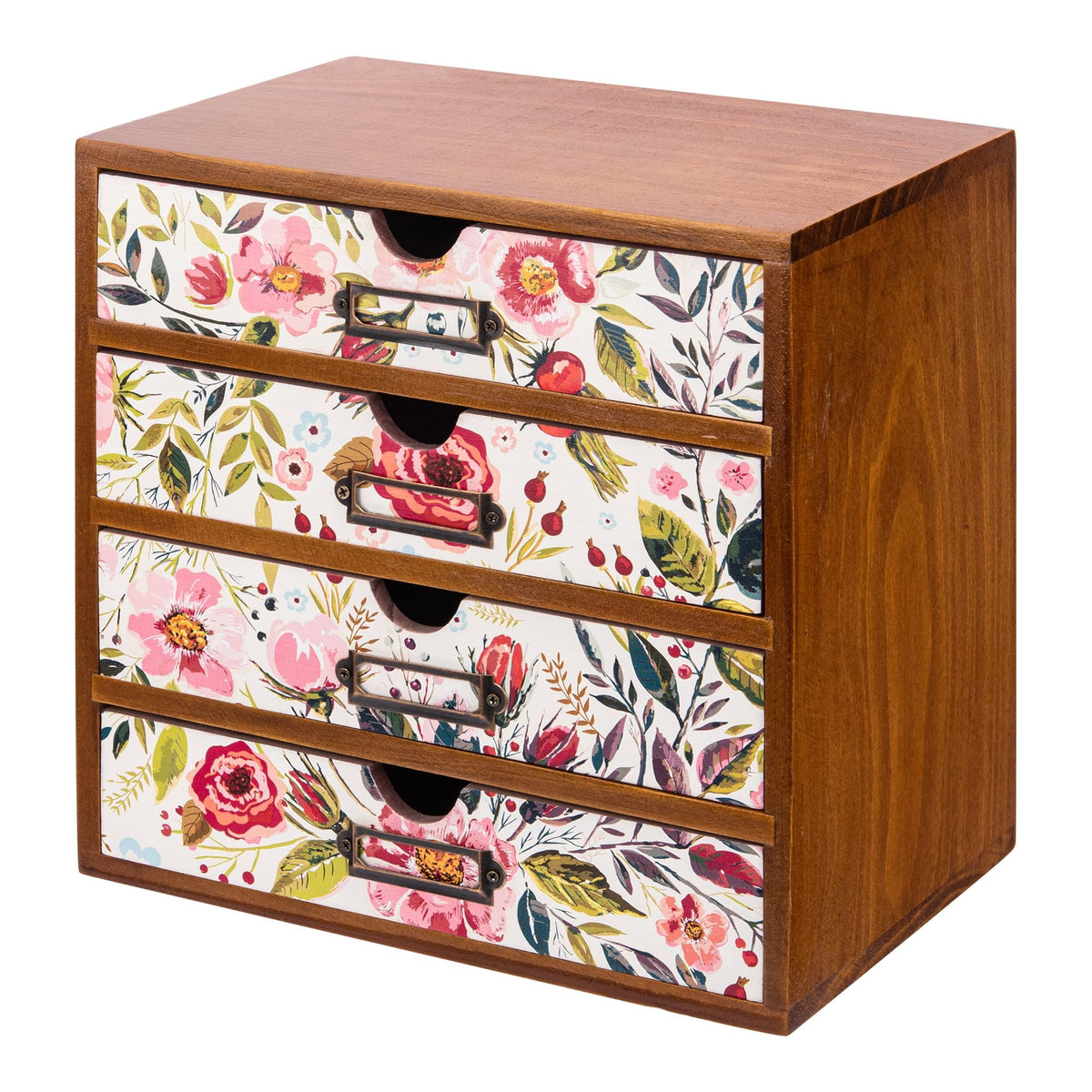 4-Drawer Vintage Desk Wood Storage Box With Drawers in Floral Chintz - Wooden Table Organizer I End Clutter & Dullness, Personalize Your Workspace - Beautiful Flower Design for Office & Home
