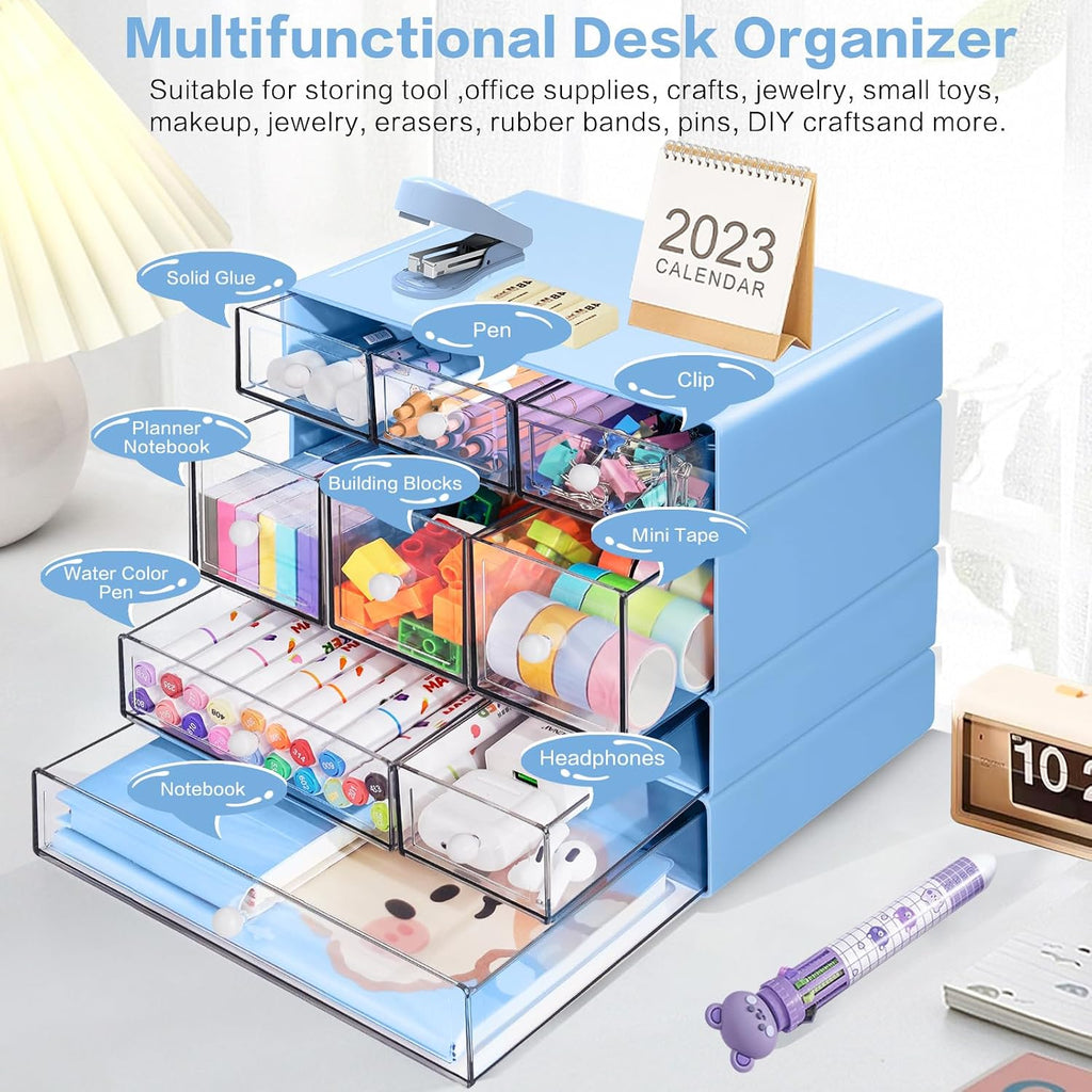 Desk Storage Organizer with 9 Drawers, 4 Tiers Stackable Desktop Craft Storage Drawers, Clear Storage Box Caddy for Stationary Makeup Jewelry Office Craft Supplies (Blue)