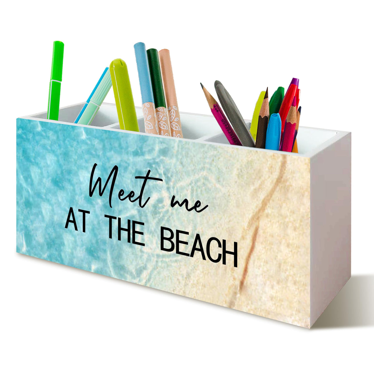Beach Gifts for Women Men, The Beach Is My Happy Place Pen Holder for Home Office Kitchen Desk Decor, Beach Wooden Pencil Holder Sign Organizer for Home Office Desk Accessories,