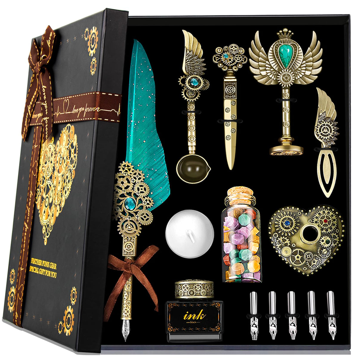 Feather Quill Calligraphy Pen Set With Ink and Wax Seal Stamp - Beautiful Gift Set for Christmas - Grey