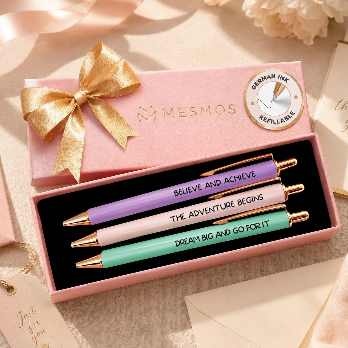 MESMOS 3pk Cute Cat Pens, Sassy and Funny Cat Lover Gifts for Women, Aesthetic Ballpoint Pens Beautifully Packaged, German-made Ink and Swiss-made Ink
