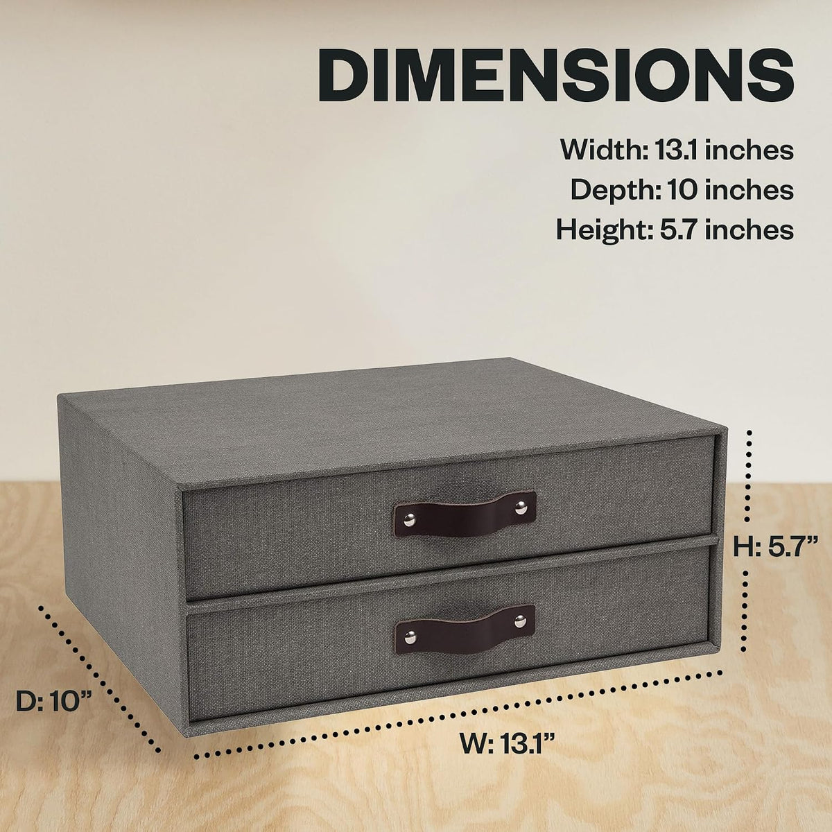 Bigso Birger 2-Drawer Canvas Fiberboard Easy Pull Handle Document Letter Box | Desktop Drawers for Loose Papers and Documents | Desktop Storage Drawers with Leather Handles | 13.1” x 10” x 5.7” | Grey