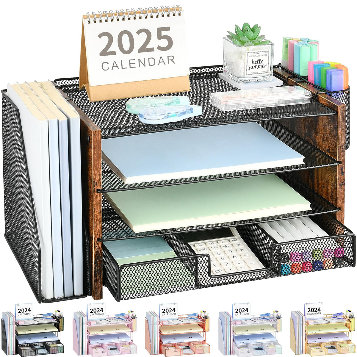 OPNICE Desk Organizer, 4-Tier Desktop File Organizer with Drawer and Pen Holders, Office Desk Accessories, File Sorters, Workspace Organizers for Office Supplies(Black)