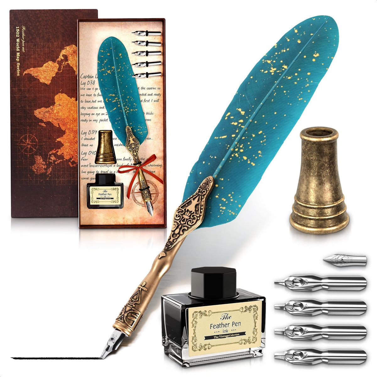 Lagarto Feather Pen and Ink Set, 11.4", 6 Steel Nibs, Inkwell (Red)