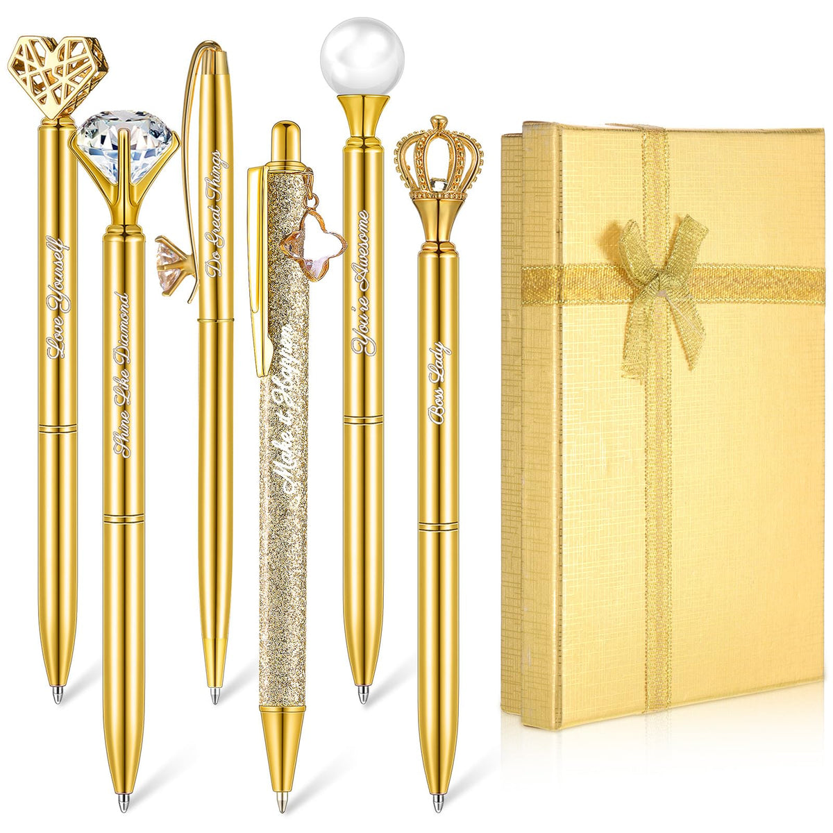 Qeeenar 6 Pcs Fancy Pens for Women Crystal Diamond Pen with Box, Black