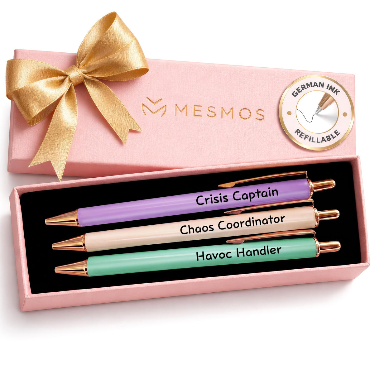 MESMOS 3pk Cute Cat Pens, Sassy and Funny Cat Lover Gifts for Women, Aesthetic Ballpoint Pens Beautifully Packaged, German-made Ink and Swiss-made Ink