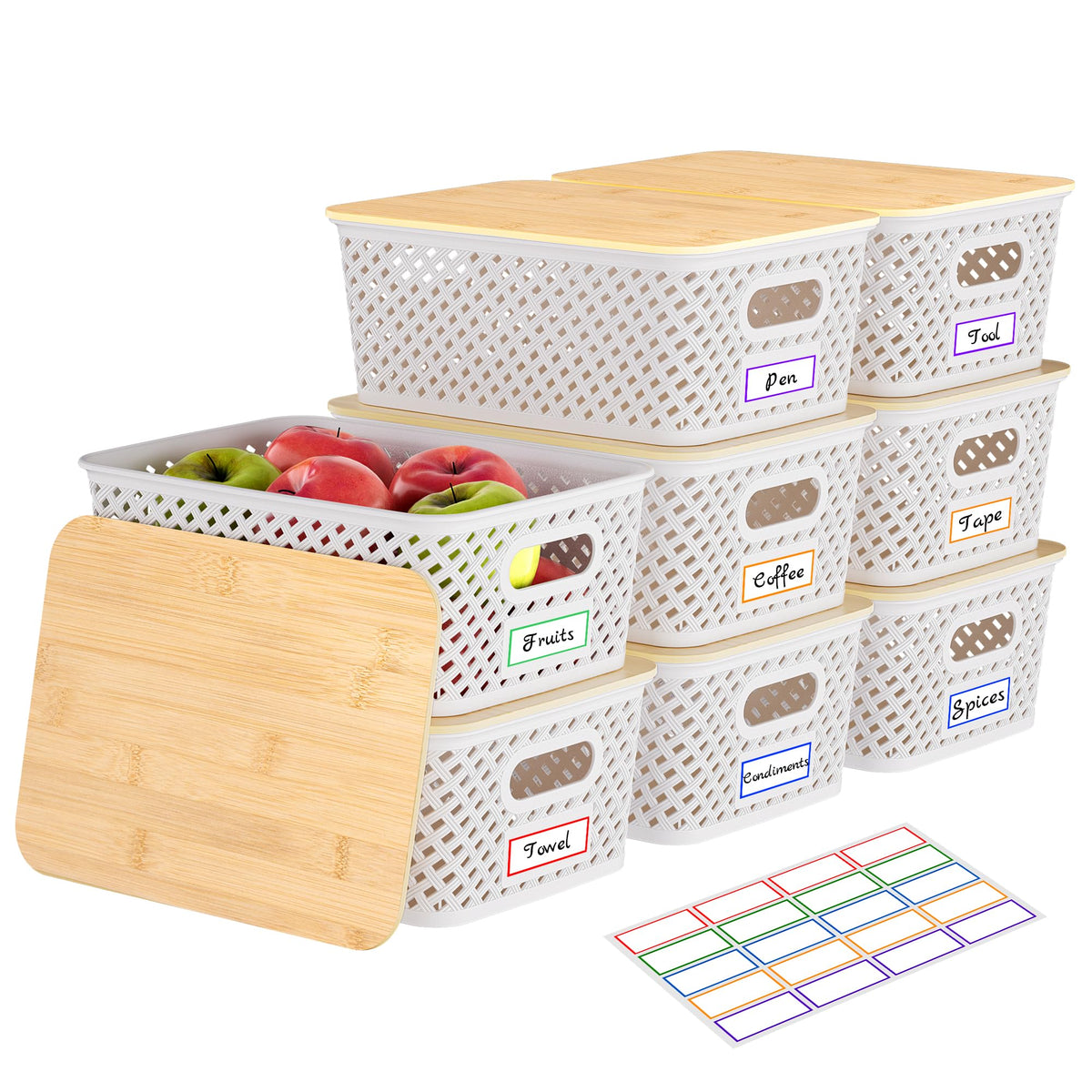 Anysig 8 Pack Plastic Storage Bins with Bamboo Lids, 5.2 QT Stackable Bins