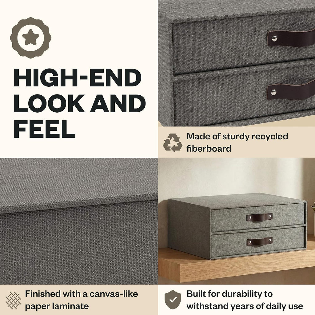 Bigso Birger 2-Drawer Canvas Fiberboard Easy Pull Handle Document Letter Box | Desktop Drawers for Loose Papers and Documents | Desktop Storage Drawers with Leather Handles | 13.1” x 10” x 5.7” | Grey