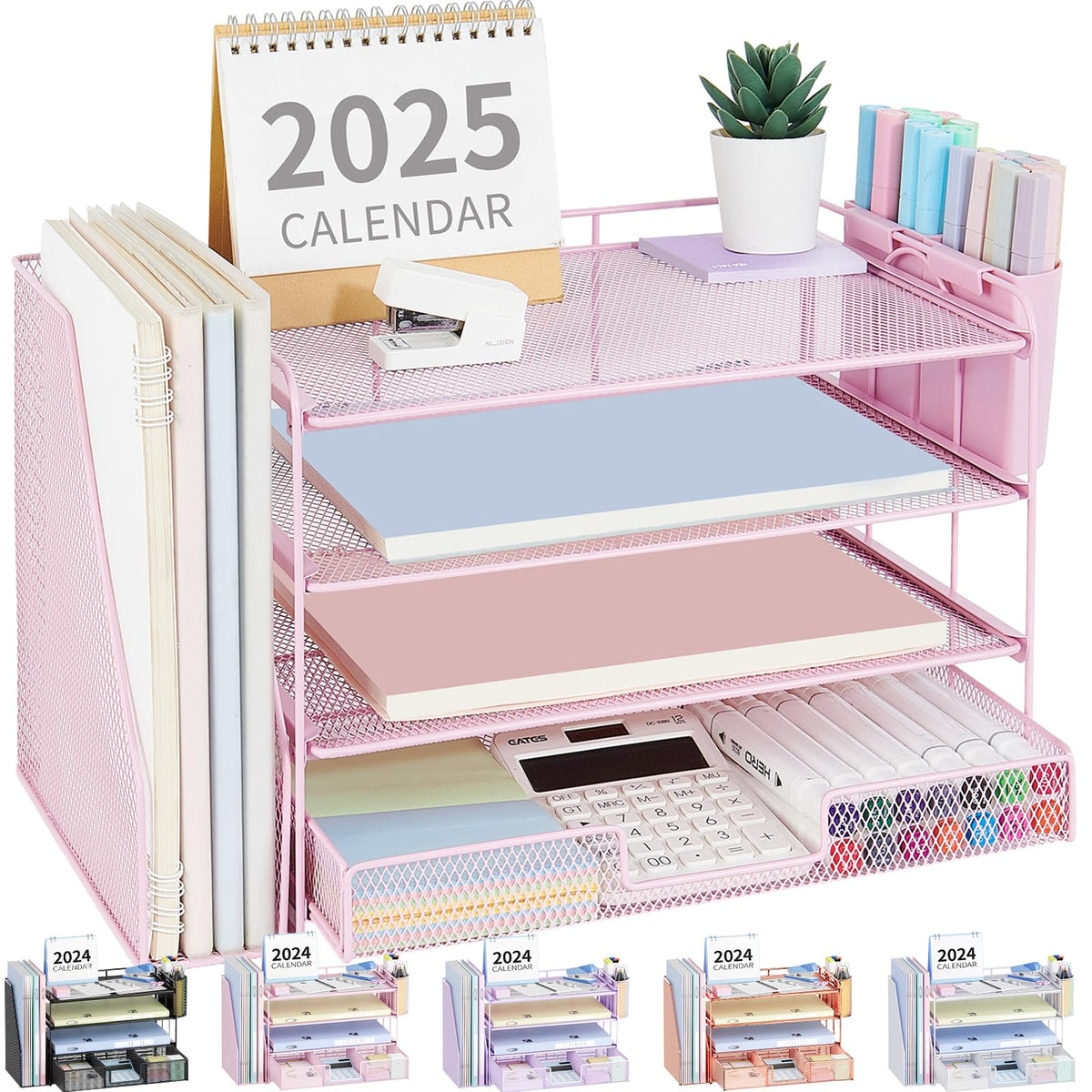OPNICE Desk Organizer, 4-Tier Desktop File Organizer with Drawer and Pen Holders, Office Desk Accessories, File Sorters, Workspace Organizers for Office Supplies(Black)