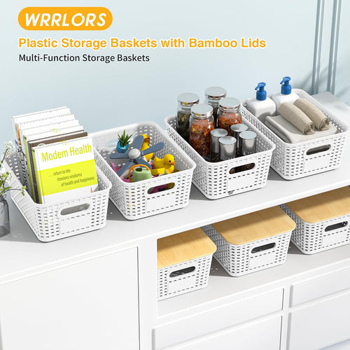 6 Pack Plastic Storage Baskets,White bamboo lid storage Box