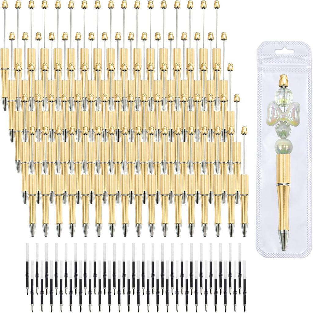 210 Pieces DIY Beadable Pen Bulk Kit – 70PCS Ballpoint Pen with Refills & Bags – Perfect for Beads Pens Supplies, Beaded Pens for DIY Crafting – Office Supplies & Teacher Accessories (Gold)