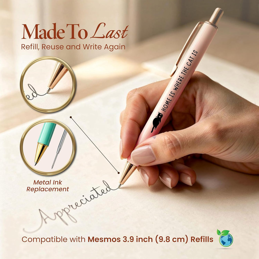 MESMOS 3pk Cute Cat Pens, Sassy and Funny Cat Lover Gifts for Women, Aesthetic Ballpoint Pens Beautifully Packaged, German-made Ink and Swiss-made Ink
