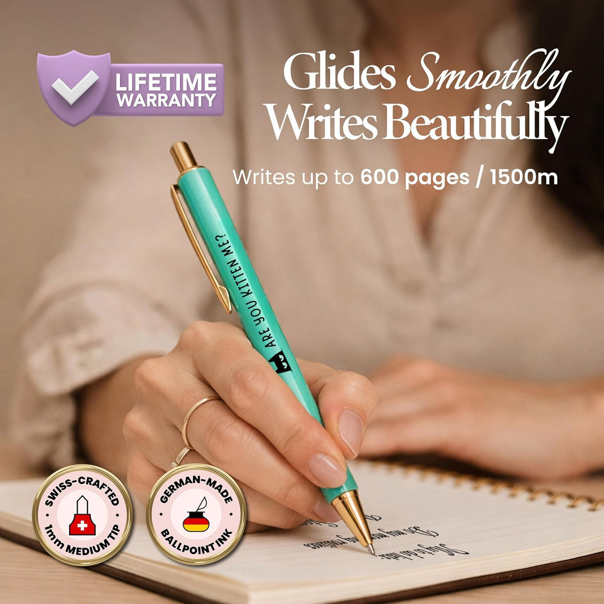 MESMOS 3pk Cute Cat Pens, Sassy and Funny Cat Lover Gifts for Women, Aesthetic Ballpoint Pens Beautifully Packaged, German-made Ink and Swiss-made Ink