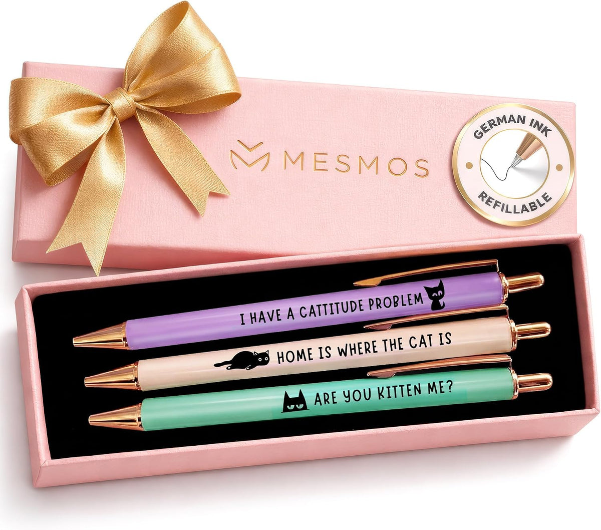 MESMOS 3pk Cute Cat Pens, Sassy and Funny Cat Lover Gifts for Women, Aesthetic Ballpoint Pens Beautifully Packaged, German-made Ink and Swiss-made Ink