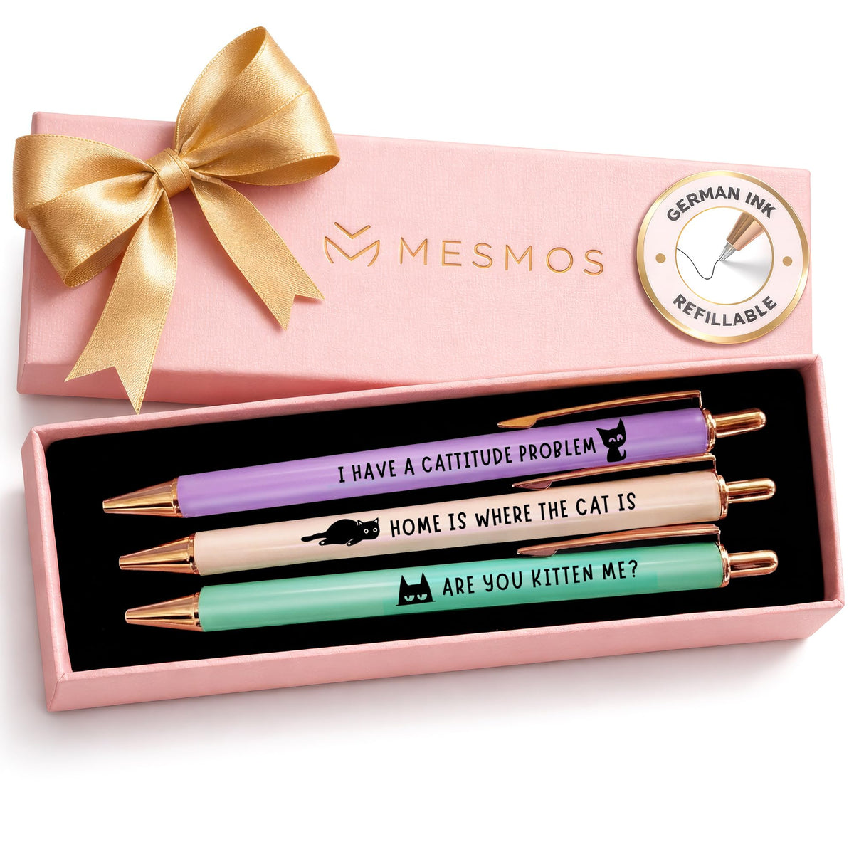 MESMOS 3pk Cute Cat Pens, Sassy and Funny Cat Lover Gifts for Women, Aesthetic Ballpoint Pens Beautifully Packaged, German-made Ink and Swiss-made Ink