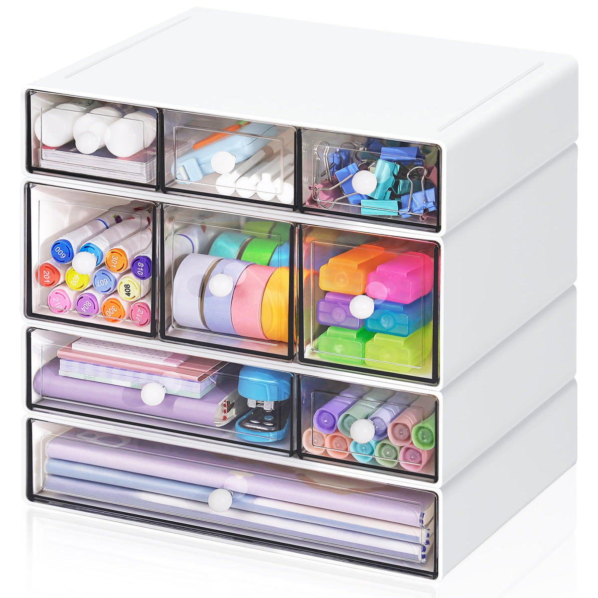 Desk Storage Organizer with 9 Drawers, 4 Tiers Stackable Desktop Craft Storage Drawers, Clear Storage Box Caddy for Stationary Makeup Jewelry Office Craft Supplies (White)