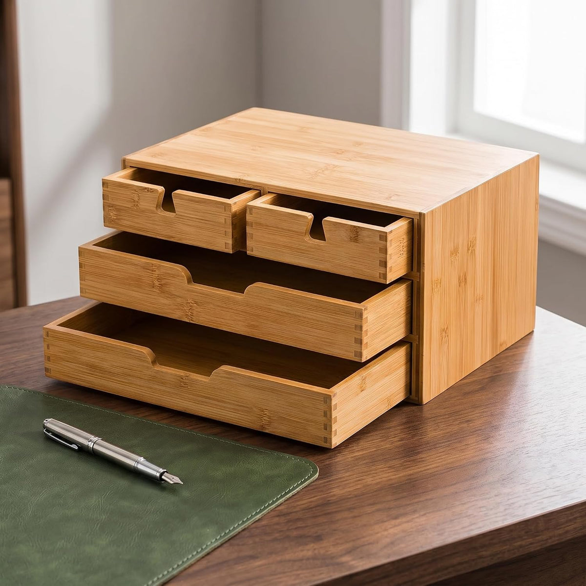 DEAYOU Bamboo Desk Organizer, 100% Natural Bamboo Desktop Drawer Organizer, Tabletop Storage Cabinet Organization Box with 4 Drawers for Makeup, Letter, Home Office Supplies, 3-Layer, Fully Assembled