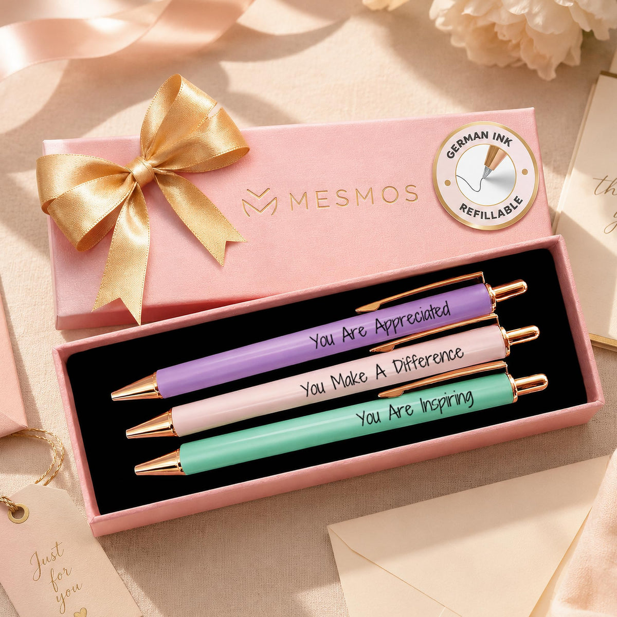 MESMOS 3pk Cute Cat Pens, Sassy and Funny Cat Lover Gifts for Women, Aesthetic Ballpoint Pens Beautifully Packaged, German-made Ink and Swiss-made Ink