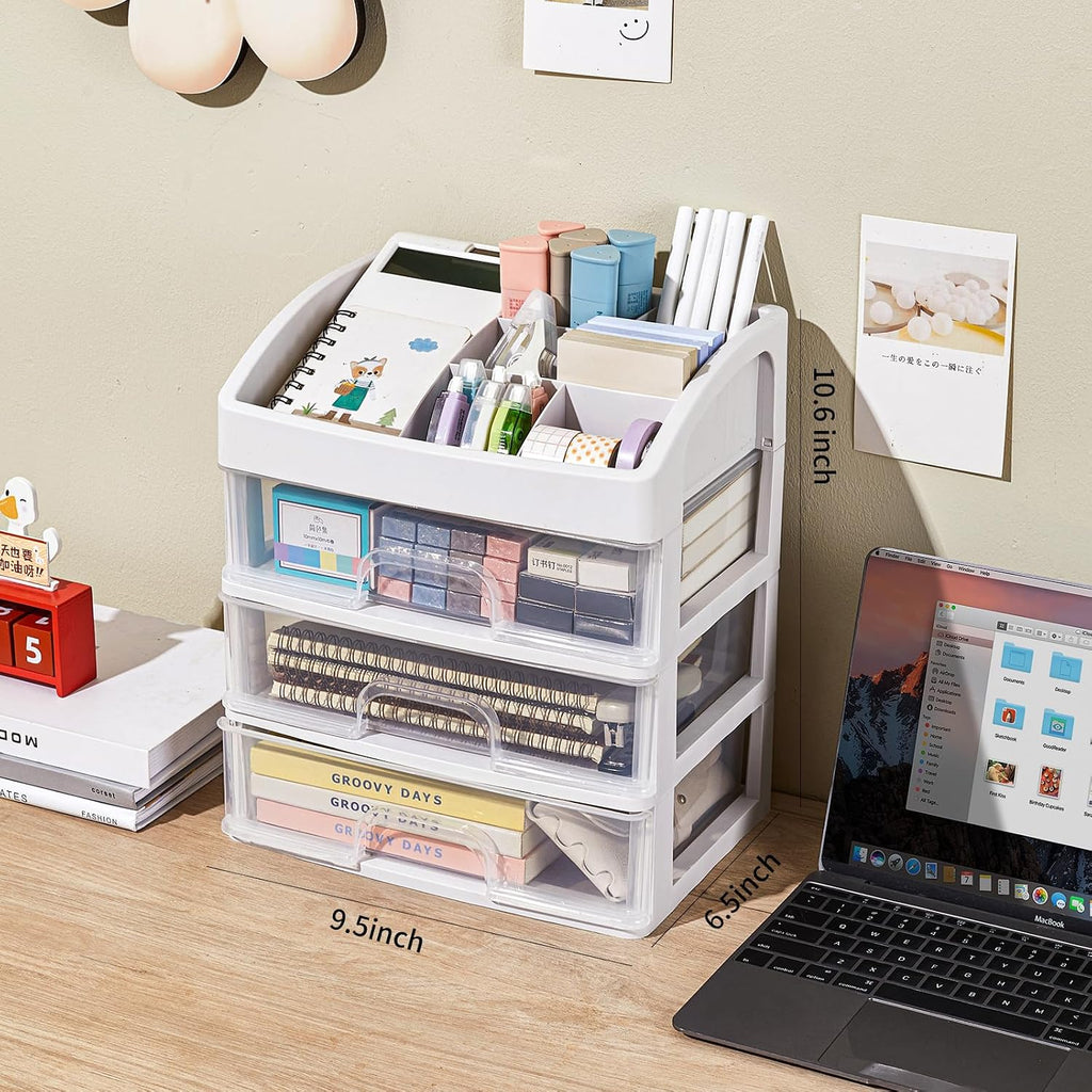 Desk Organizer with Drawers, 3 Drawers Storage Organizer, Desktop Storage Drawers for Office/School Supplies, Plastic Stationary Makeup Organizer, Desk Storage Box for Office, School, Home