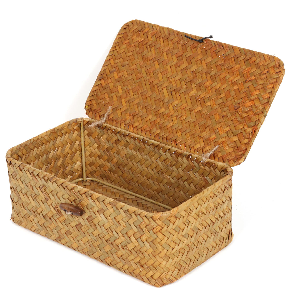 FEIALNDUO Wicker Shelf Baskets with Lid,Seagrass Storage Basket Bins Rectangular Handwoven Basket Boxes for Shelves Desktop Home Organizer (Coffee, X-Small)