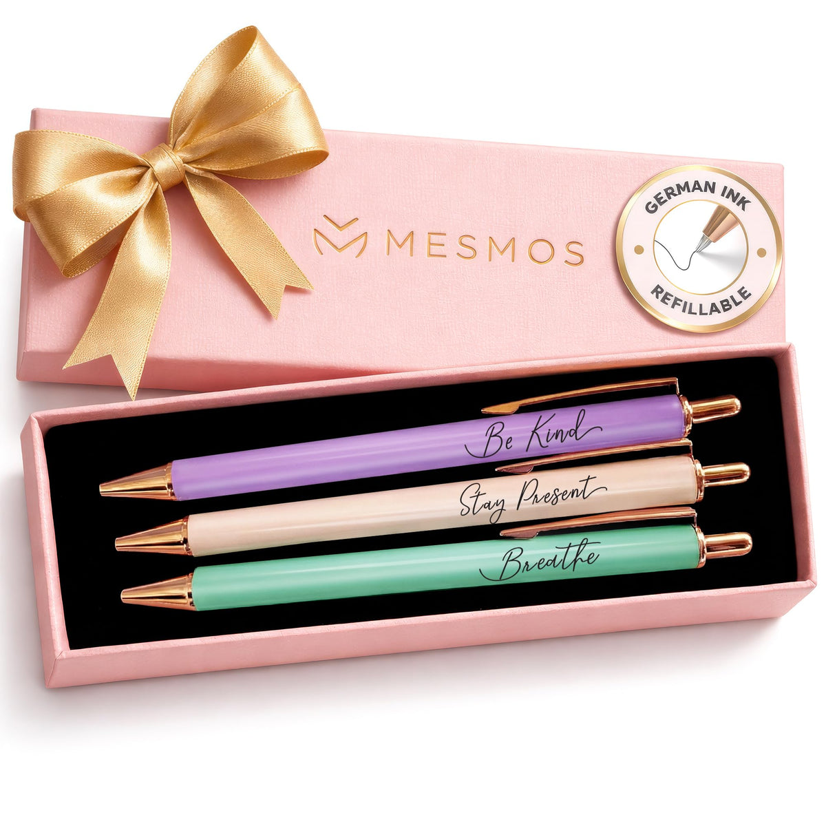 MESMOS 3pk Cute Cat Pens, Sassy and Funny Cat Lover Gifts for Women, Aesthetic Ballpoint Pens Beautifully Packaged, German-made Ink and Swiss-made Ink