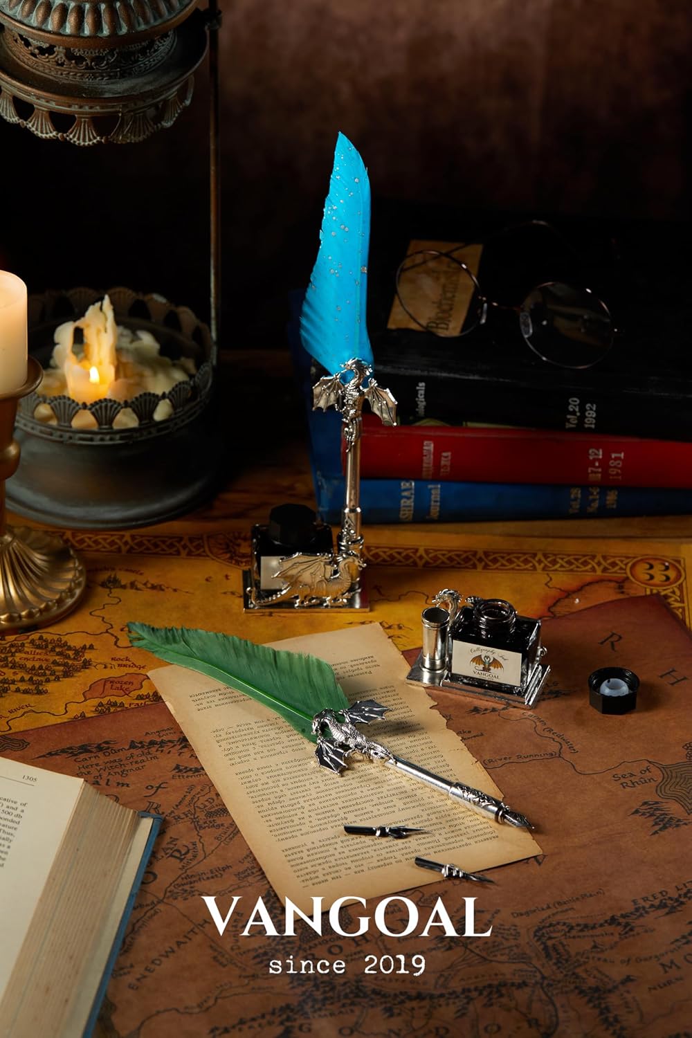 VANGOAL Dragon Quill Pen and Ink Set, Vintage Dragon Feather Pen with Novelty Pen Base, Retro Carving Dip Pen Calligraphy Pen Gift Set for Writing, Drawing(Dark Blue)