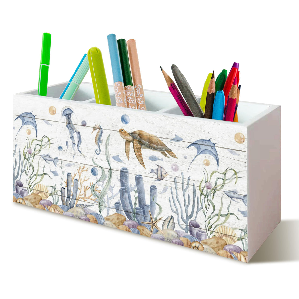 Beach Gifts for Women Men, The Beach Is My Happy Place Pen Holder for Home Office Kitchen Desk Decor, Beach Wooden Pencil Holder Sign Organizer for Home Office Desk Accessories,
