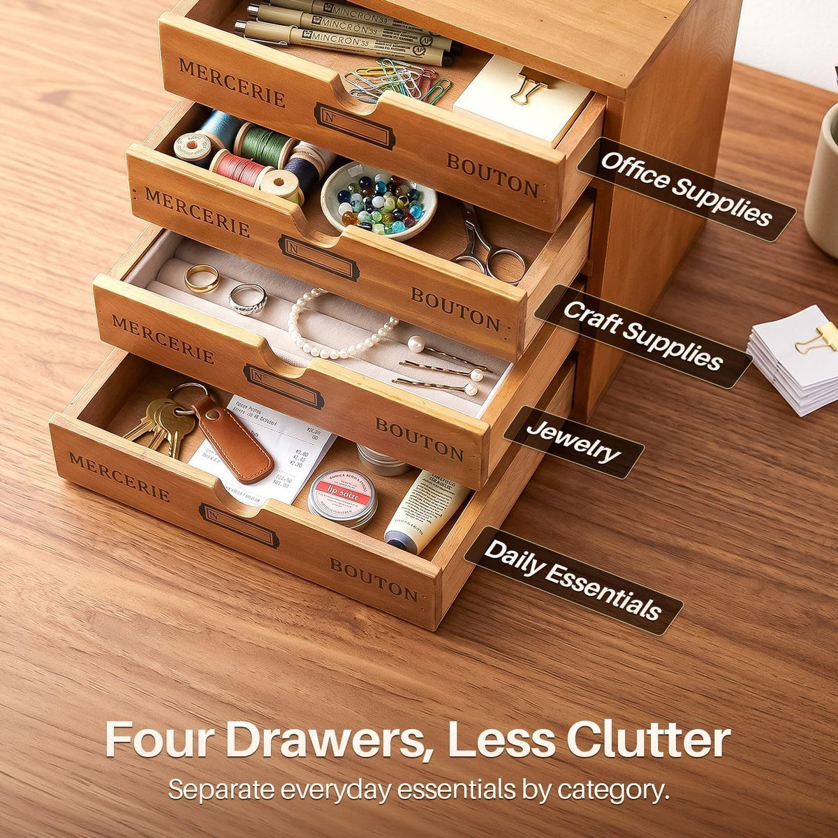 Flexzion Wooden Storage Box with 4 Drawers, Vintage Desktop Organizer