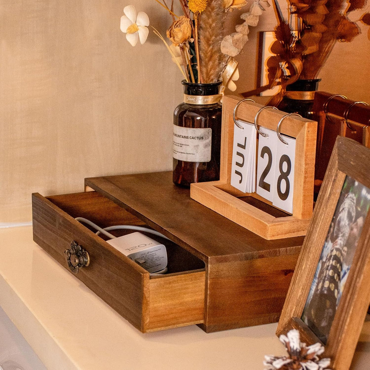 Desk Organizer with Drawers Light Brown Vintage Wood Desktop Storage Box