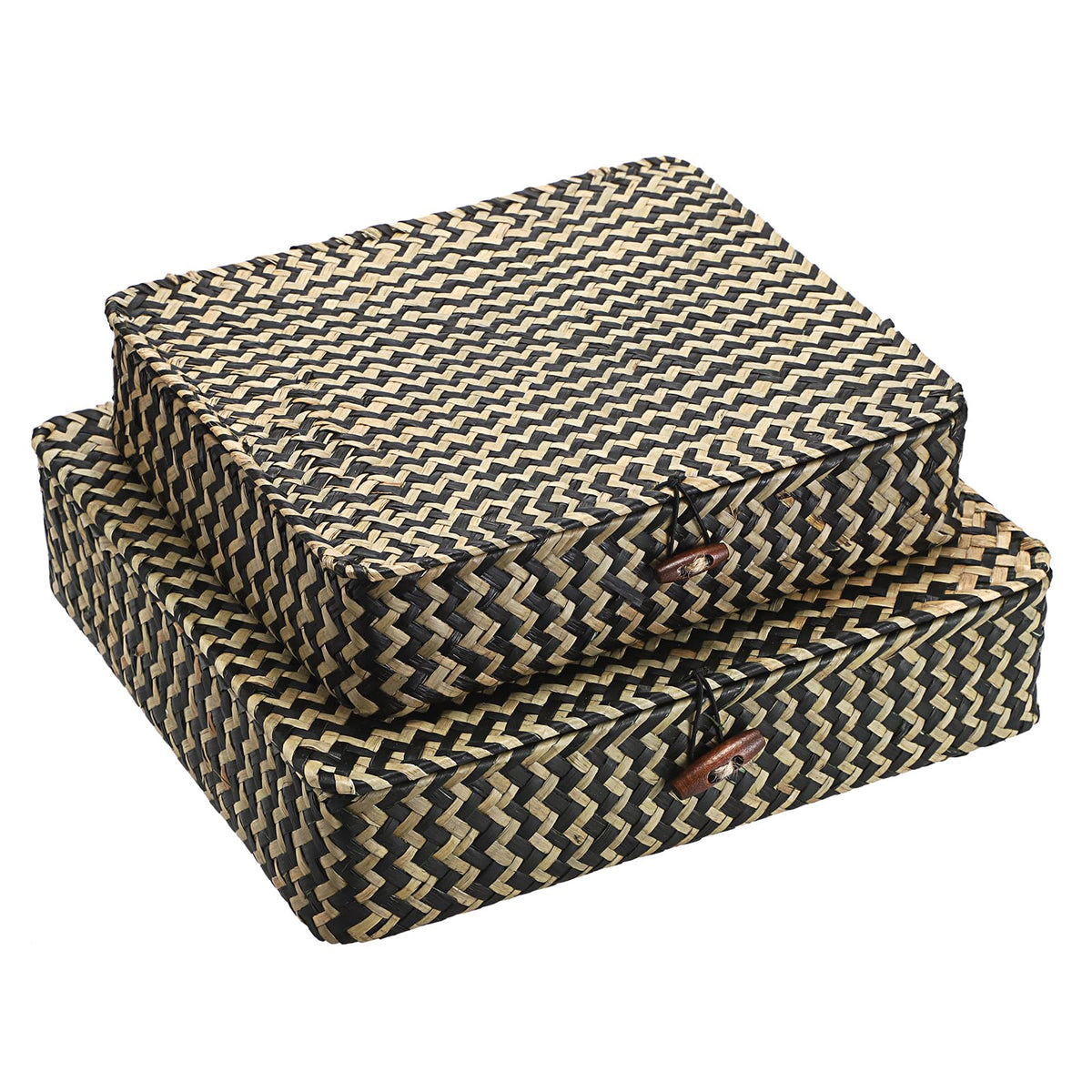 Hipiwe Set of 2 Flat Wicker Storage Basket Bins with Lid Woven Seagrass Box