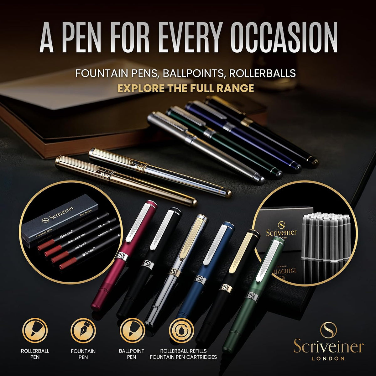 Scriveiner Black Green Rollerball Pen - Stunning Luxury Pen, Chrome Finish, Schmidt Ink Refill, Best Roller Ball Pen Gift Set for Men & Women, Professional, Executive Office