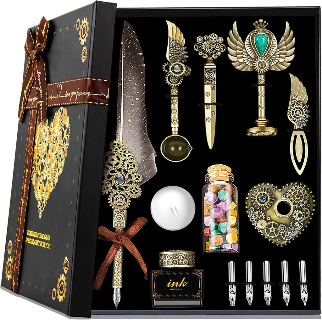 Feather Quill Calligraphy Pen Set With Ink and Wax Seal Stamp - Beautiful Gift Set for Christmas - Grey