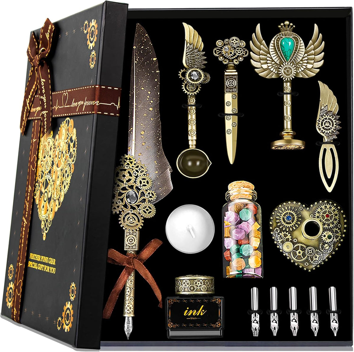 Feather Quill Calligraphy Pen Set With Ink and Wax Seal Stamp - Beautiful Gift Set for Christmas - Grey