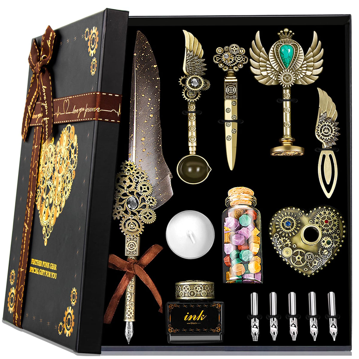 Feather Quill Calligraphy Pen Set With Ink and Wax Seal Stamp - Beautiful Gift Set for Christmas - Grey
