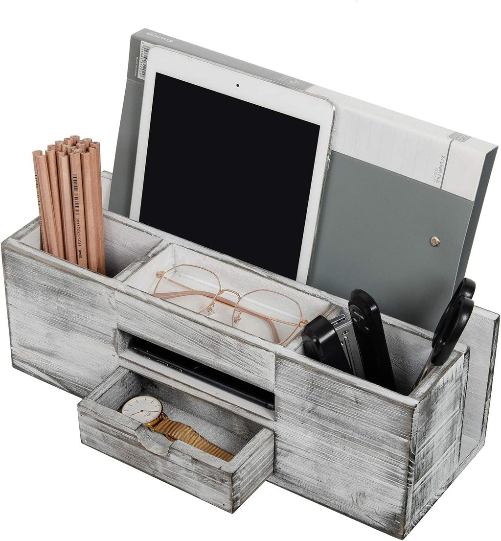 Liry Products Whitewashed Wooden Desktop Organizer Multiple Compartments Rack Shelf Drawer Tabletop Wood Storage Cabinet Office Supplies Caddy Document Stationery Holder Accessory Sorter Vanity Home