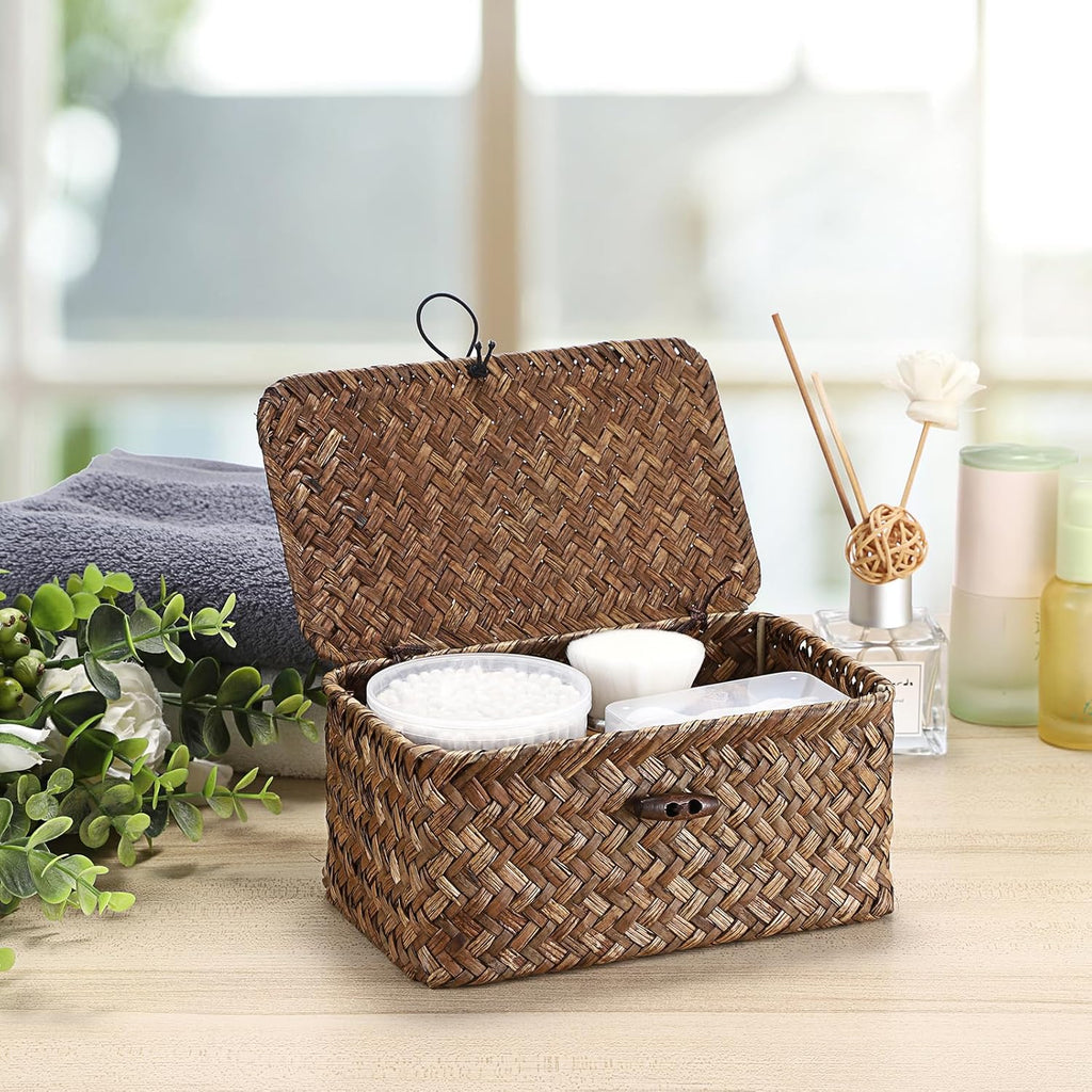 Hipiwe Handwoven Wicker Basket with Lid Small Desktop Seagrass Organizer