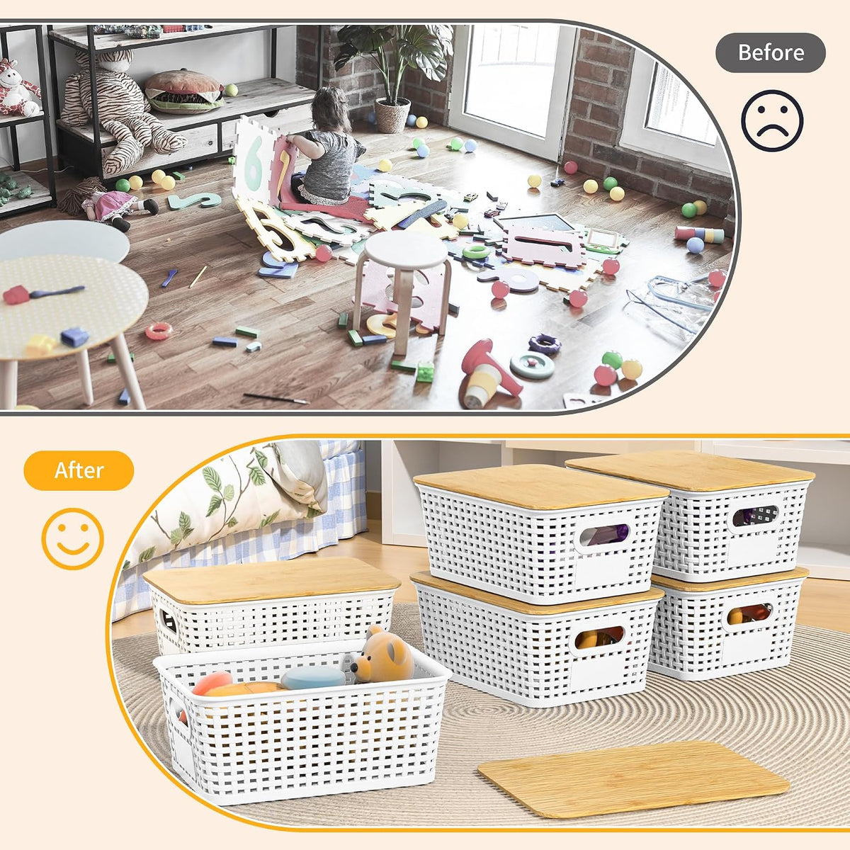 6 Pack Plastic Storage Baskets,White bamboo lid storage Box
