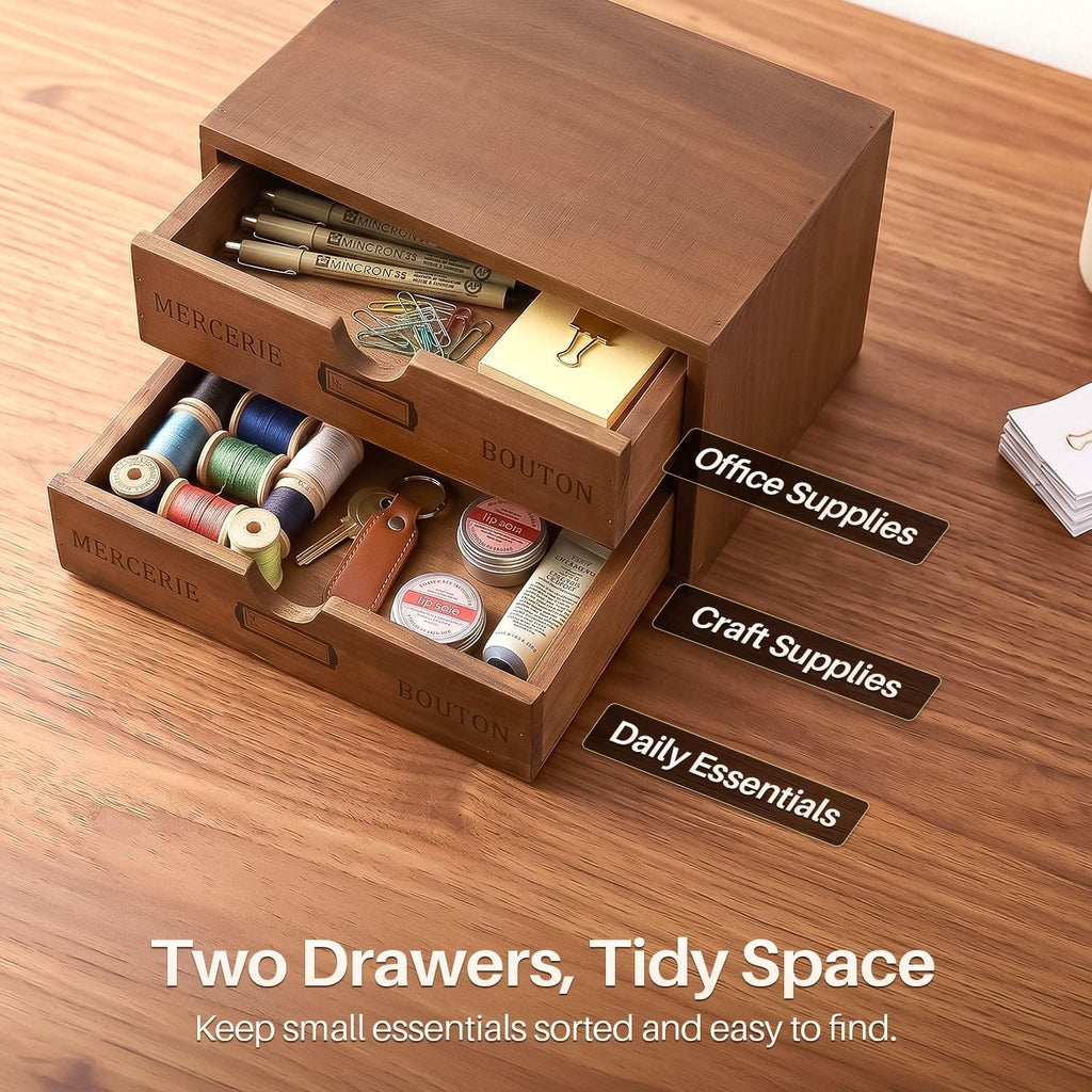 Flexzion Wooden Storage Box with 2 Drawers, Vintage Desktop Organizer