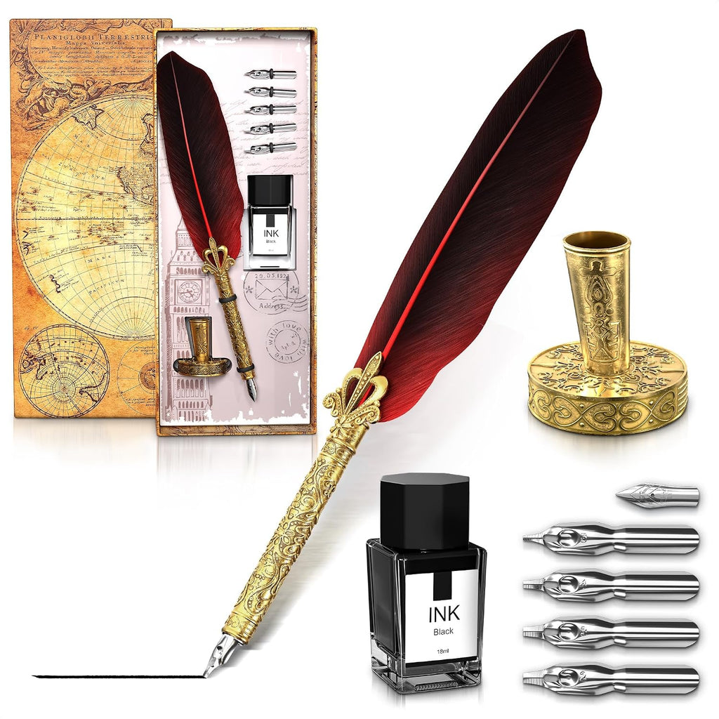 Lagarto Feather Pen and Ink Set, 11.4", 6 Steel Nibs, Inkwell (Red)