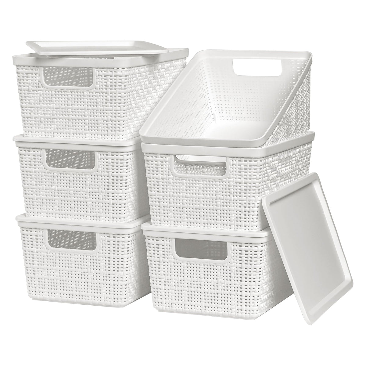 6 Pack Plastic Storage Baskets,White bamboo lid storage Box