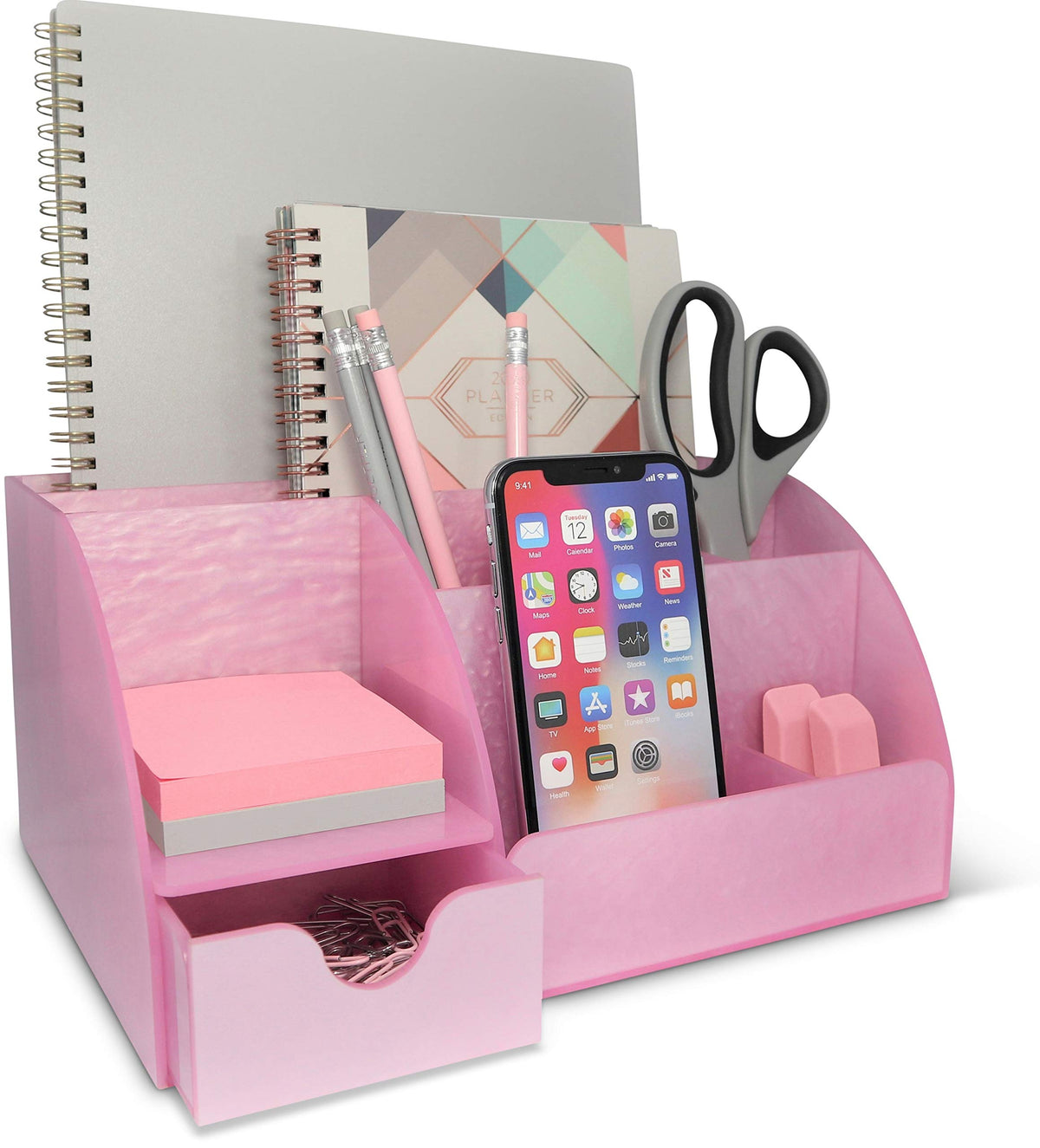 White Desktop Organizer - 9 Compartment Office Desk Accessories Organizer - Pen Holder
