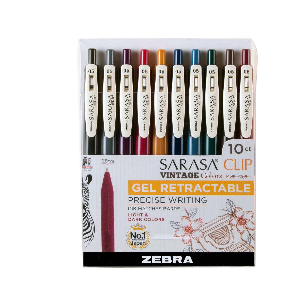 Zebra Pen SARASA Clip Retractable Gel Pen, Assorted Vintage Dark Ink, 5-Pk