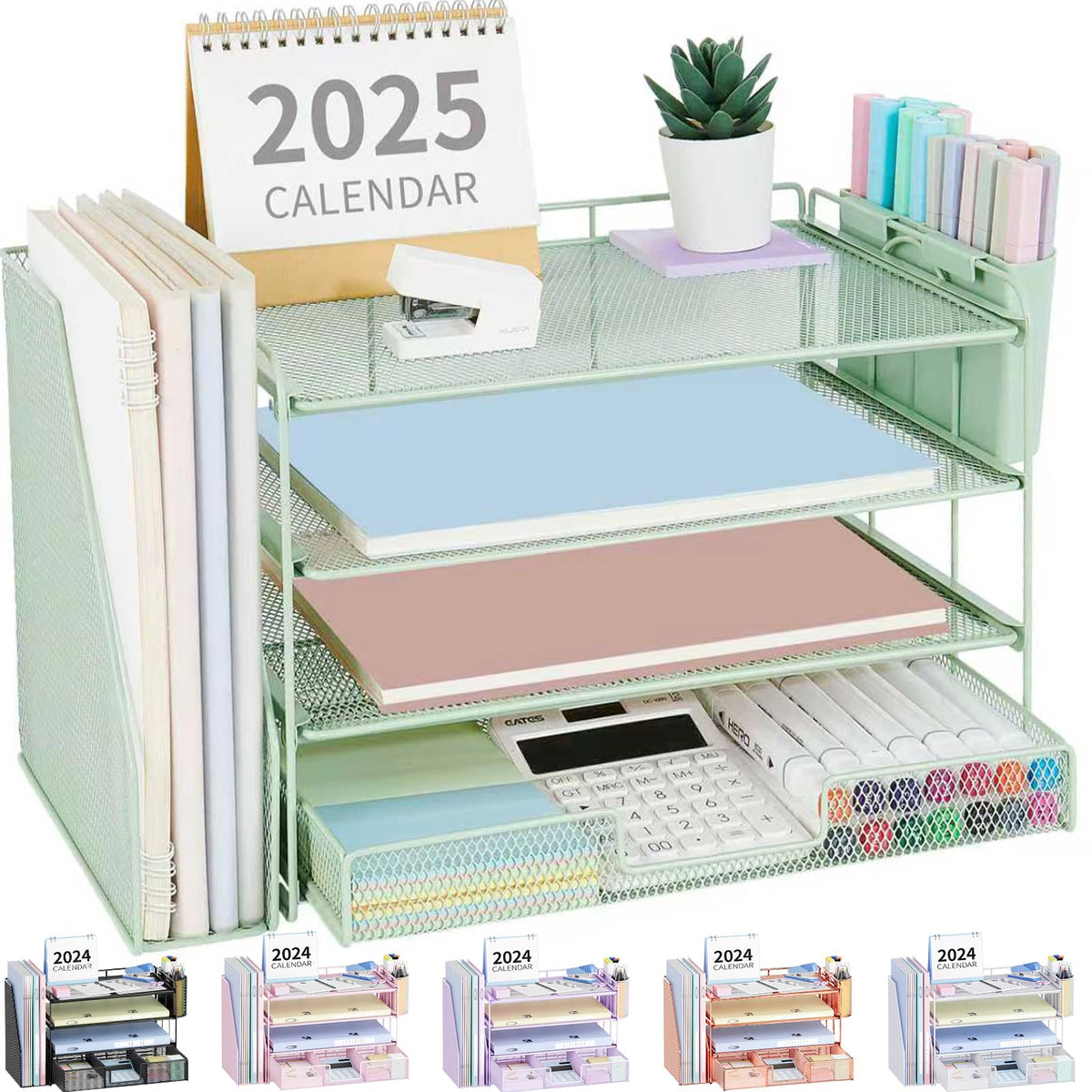 OPNICE Desk Organizer, 4-Tier Desktop File Organizer with Drawer and Pen Holders, Office Desk Accessories, File Sorters, Workspace Organizers for Office Supplies(Black)