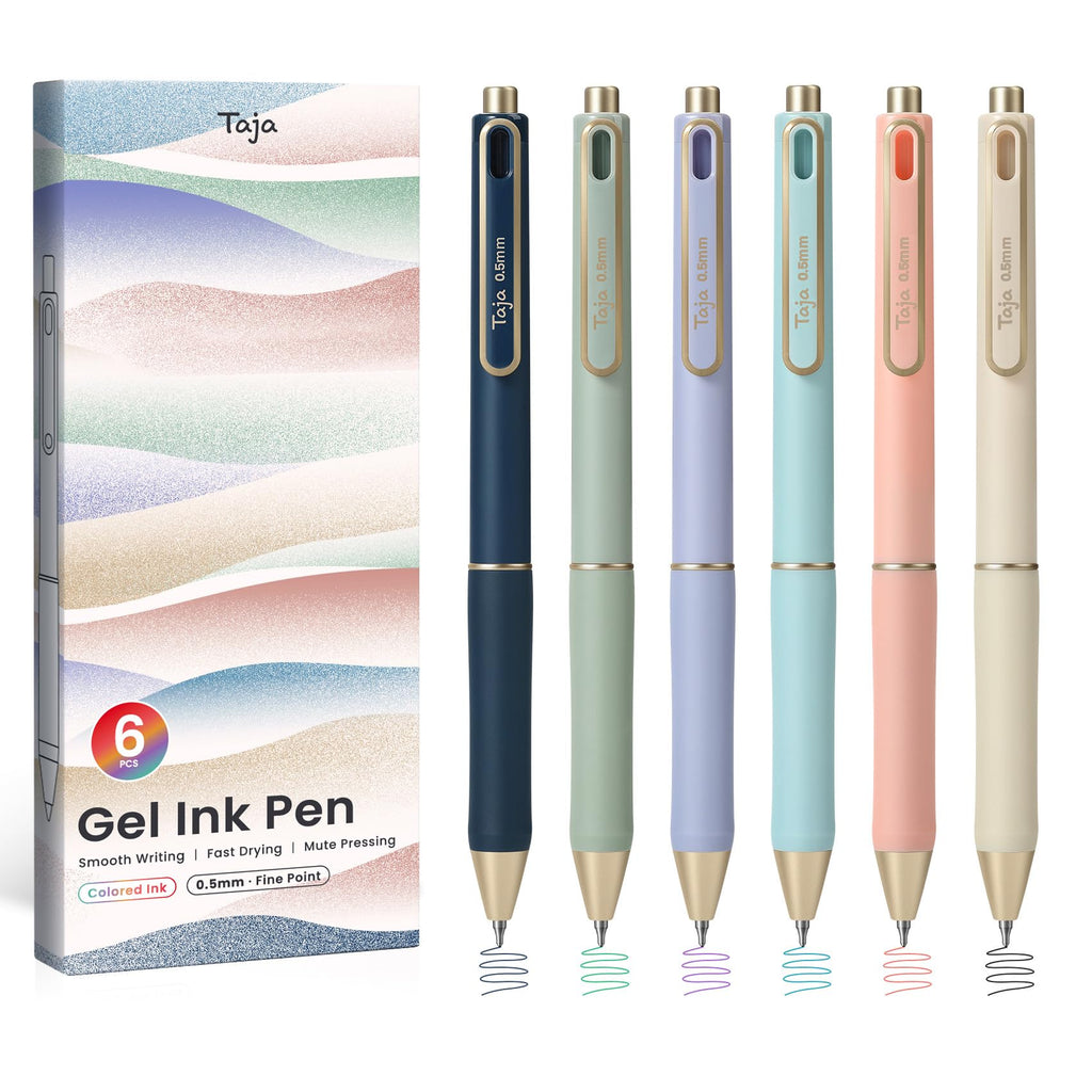 Taja Gel Pens, 6 Pcs Quick Dry Black Ink Pens, 0.5mm Fine Point, Pastel
