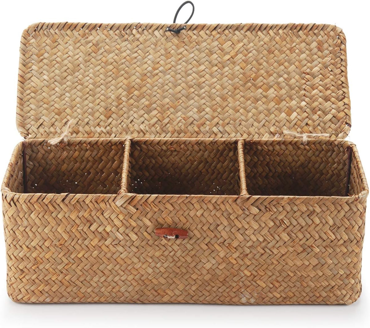 DECRAFTS Seagrass Storage Basket with Lid Rectangular Small Woven Shelf Baskets with Sections for Organize Snack Toys Tampon
