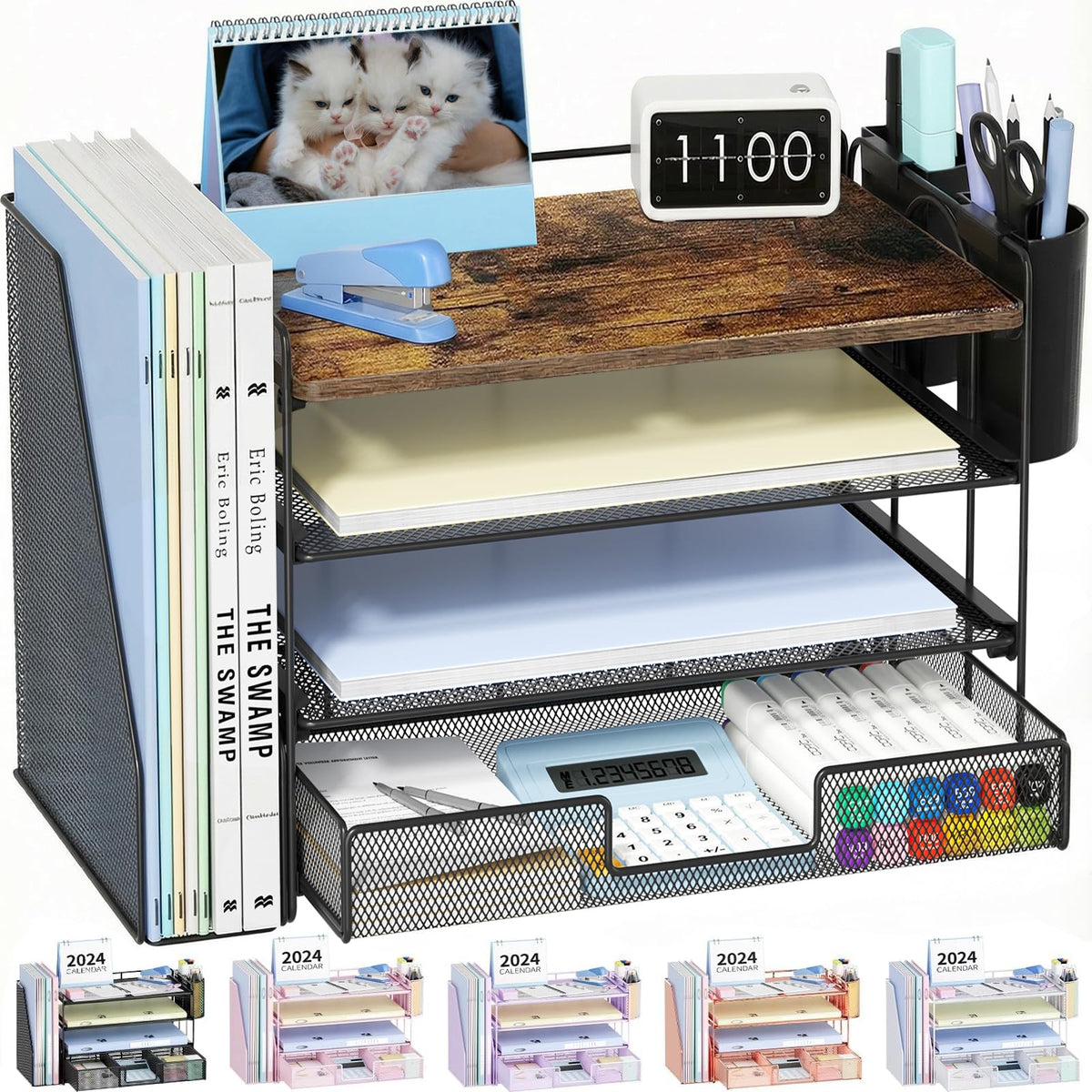 OPNICE Desk Organizer, 4-Tier Desktop File Organizer with Drawer and Pen Holders, Office Desk Accessories, File Sorters, Workspace Organizers for Office Supplies(Black)