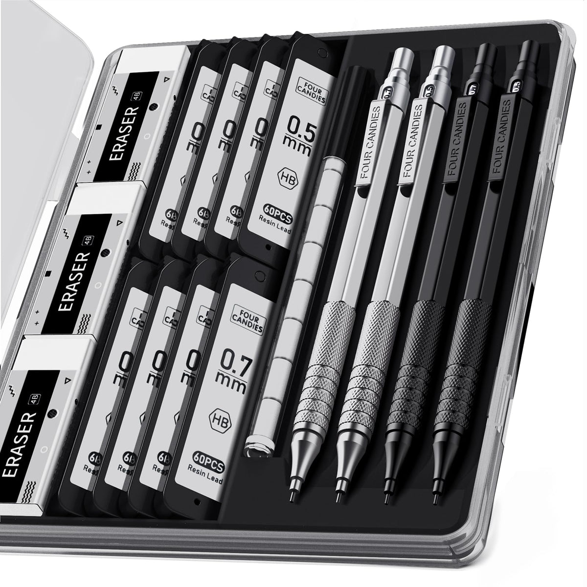 2PCS Metal Mechanical Pencil Set, 0.5mm+0.7mm, Storage Case, Black＆Silver