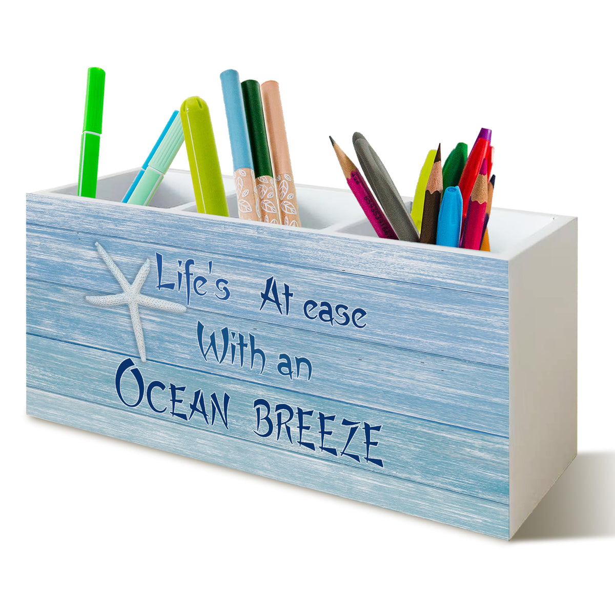 Beach Gifts for Women Men, The Beach Is My Happy Place Pen Holder for Home Office Kitchen Desk Decor, Beach Wooden Pencil Holder Sign Organizer for Home Office Desk Accessories,